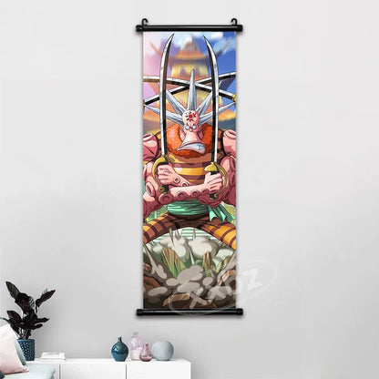 one piece roll up canvas wall decor with multiple characters like zoro luffy sanji and more