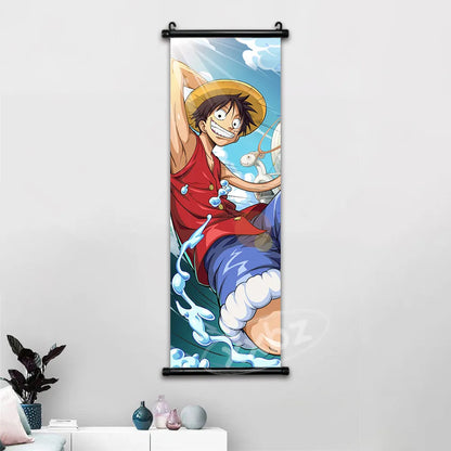 one piece roll up canvas wall decor with multiple characters like zoro luffy sanji and more