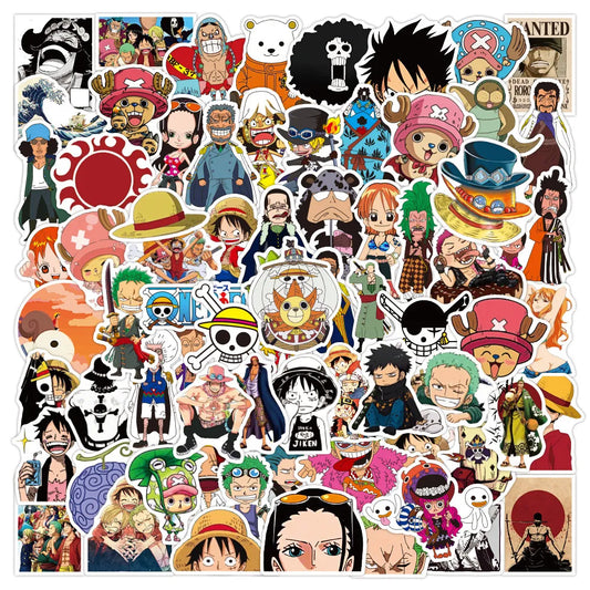 One piece stickers waterproof with many characters like Luffy, Ace, Zoro, Nami, Sanji, Chopper, Franky, Trafalgar Law and much more ideal for pc, mac, phone, wall, car, books and much more!